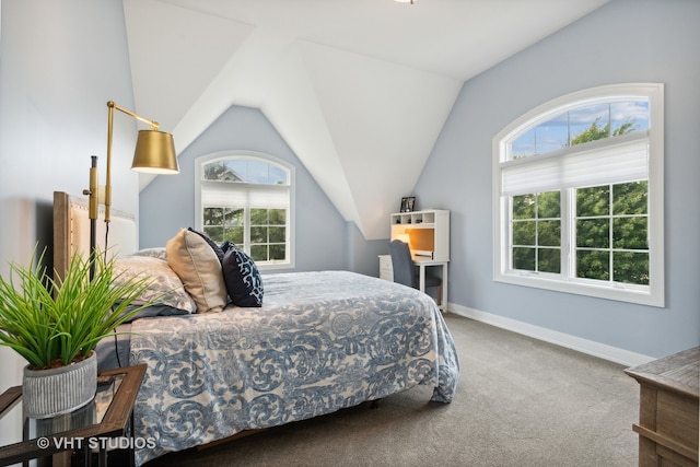 carpeted bedroom with multiple windows and vaulted ceiling