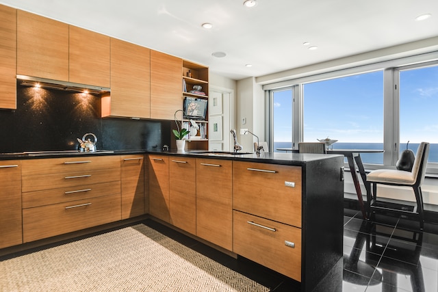 kitchen with range hood, stovetop, dark tile patterned flooring, sink, and tasteful backsplash