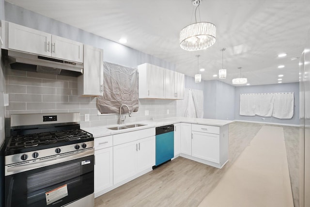 kitchen with stainless steel range with gas cooktop, dishwasher, under cabinet range hood, a peninsula, and light countertops