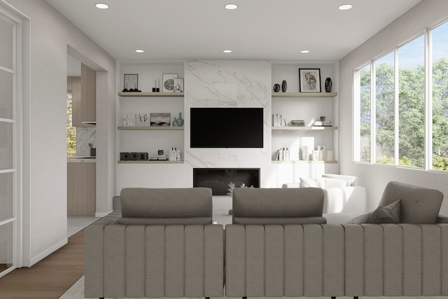 living room featuring hardwood / wood-style flooring and a fireplace