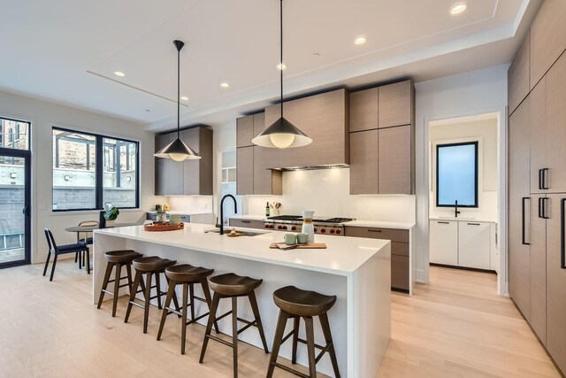 kitchen with white cabinetry, sink, and light wood-type flooring