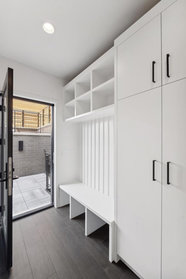 mudroom with dark hardwood / wood-style flooring