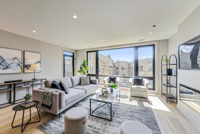 living room featuring plenty of natural light and light hardwood / wood-style floors