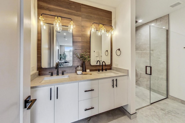 bathroom with vanity and walk in shower