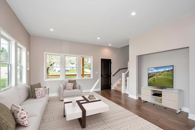 135 W 18th St, Lockport, IL 60441 - living room with stairway, plenty of natural light, dark wood-style floors, baseboards, and recessed lighting