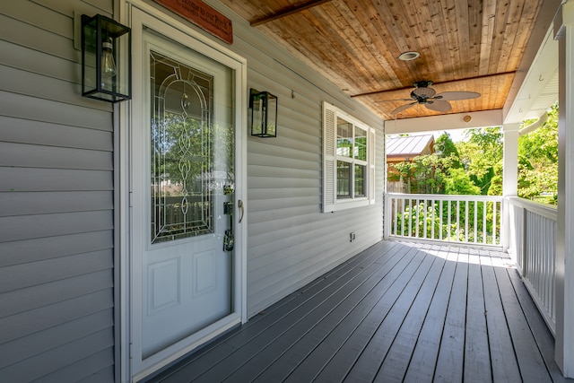 wooden terrace featuring ceiling fan and covered porch