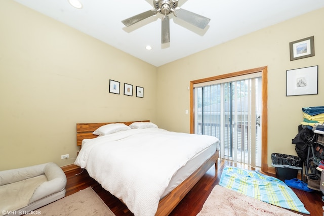 bedroom with ceiling fan, dark hardwood / wood-style flooring, and access to outside