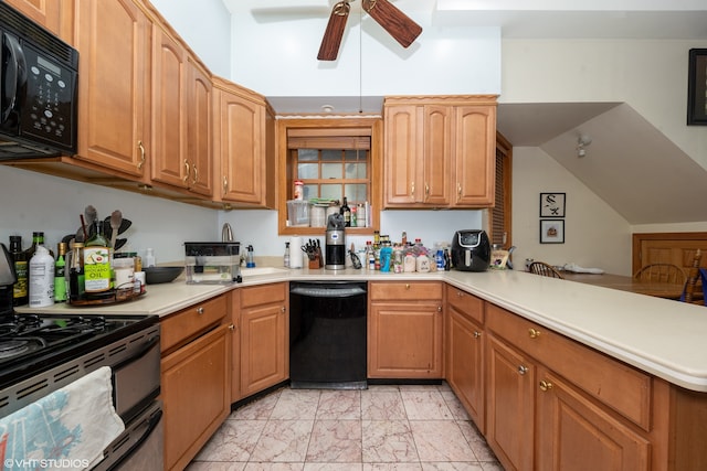 kitchen featuring black appliances, vaulted ceiling, kitchen peninsula, and ceiling fan