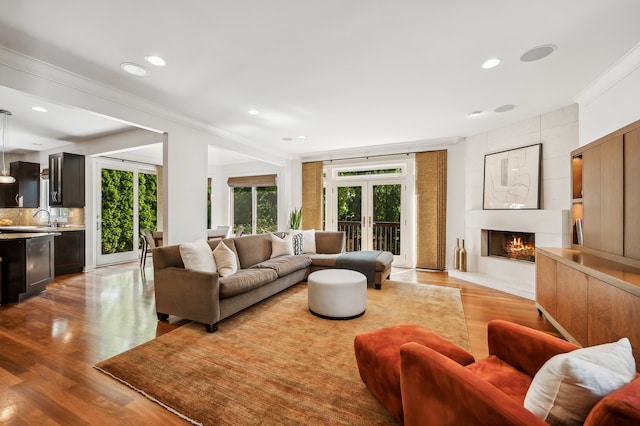 living room with a fireplace, ornamental molding, light hardwood / wood-style flooring, and french doors