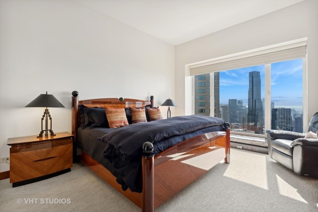 carpeted bedroom with a view of city