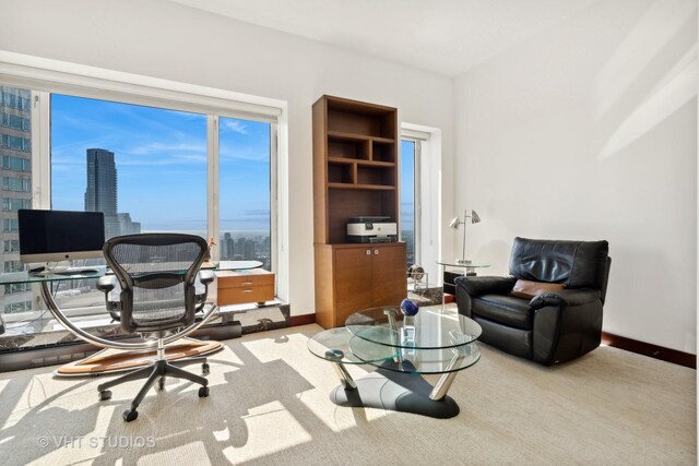 home office featuring light colored carpet