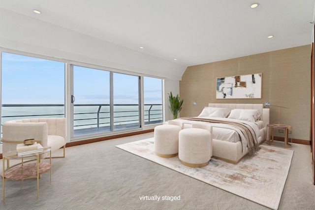 bedroom featuring recessed lighting, carpet flooring, and access to exterior