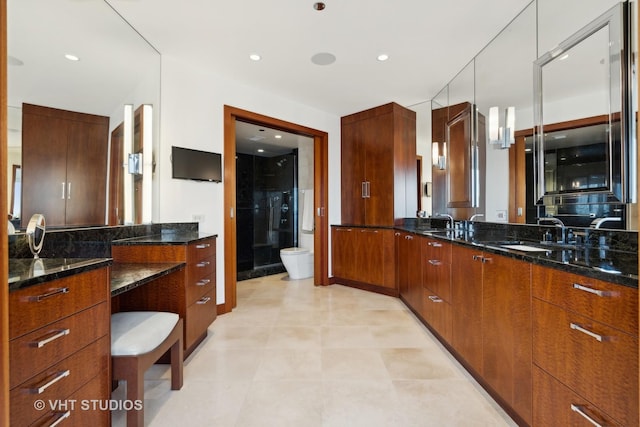 full bath with recessed lighting, vanity, and toilet