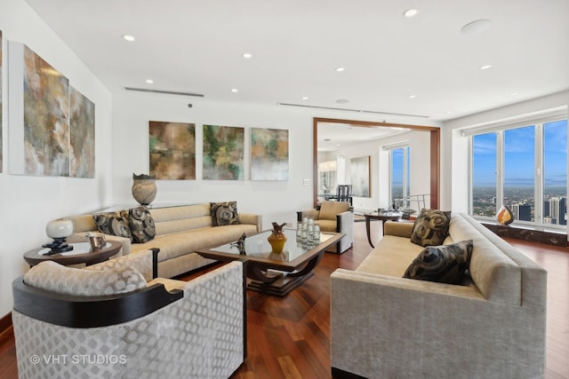 living room featuring recessed lighting and wood finished floors