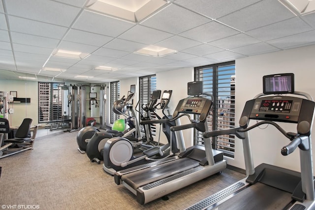 workout area with a paneled ceiling and expansive windows