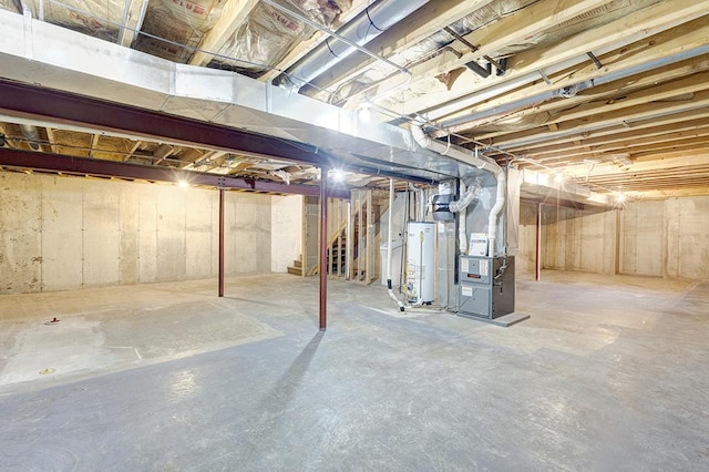 unfinished basement featuring heating unit, stairway, and gas water heater