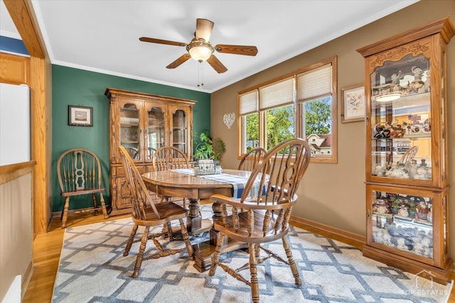 dining space with light wood-type flooring, ceiling fan, and crown molding