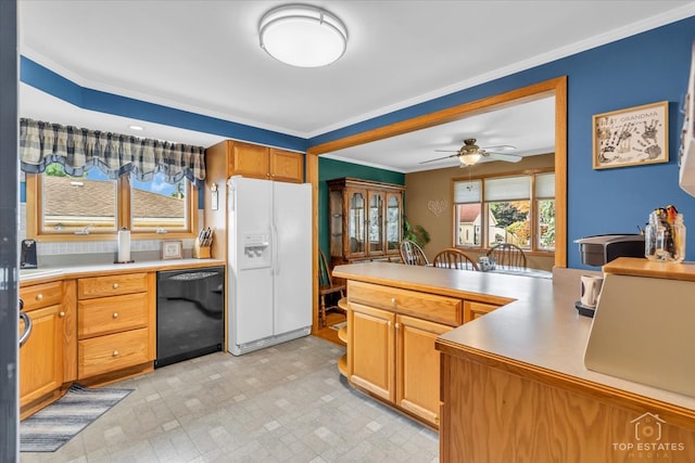 kitchen featuring ceiling fan, dishwasher, white fridge with ice dispenser, and crown molding