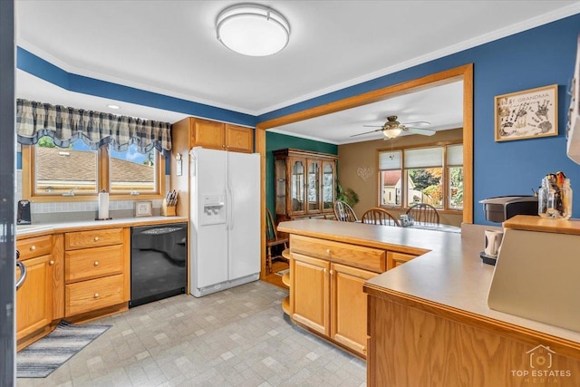 kitchen featuring light floors, black dishwasher, light countertops, white fridge with ice dispenser, and crown molding