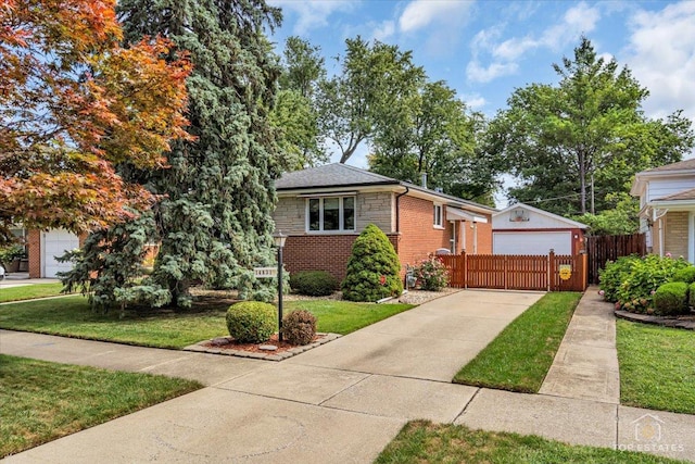 view of front of property featuring an outbuilding, brick siding, a front yard, and fence