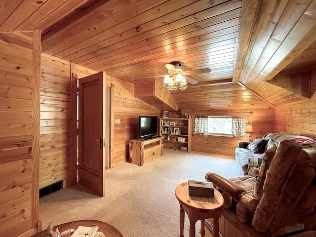 living room featuring lofted ceiling, wood ceiling, light colored carpet, and wood walls