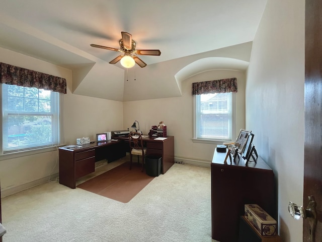 carpeted office with ceiling fan