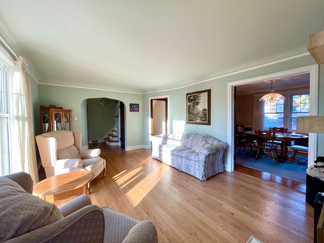 living room with crown molding and hardwood / wood-style flooring