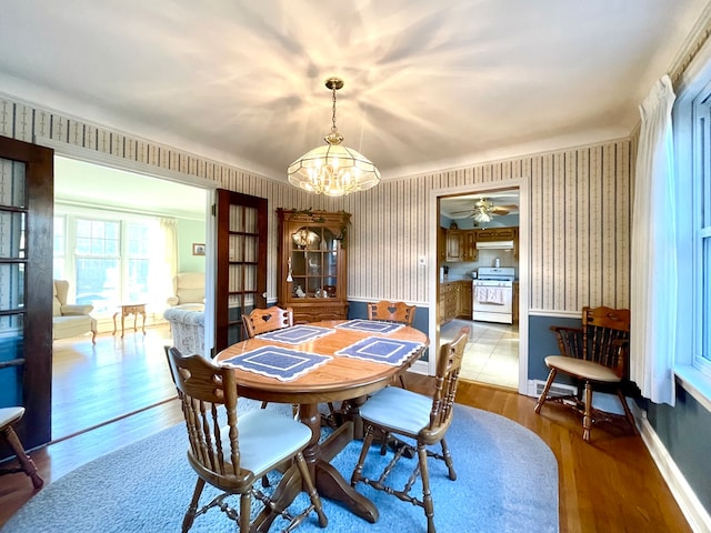 dining area featuring hardwood / wood-style flooring and ceiling fan with notable chandelier