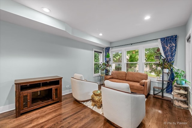 living room featuring dark wood-type flooring and a healthy amount of sunlight