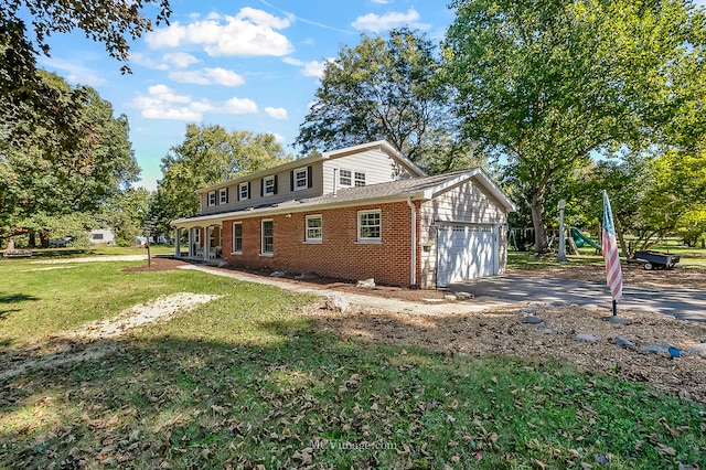 view of home's exterior with a playground, a garage, and a lawn