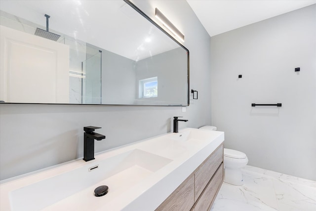 bathroom featuring vanity, toilet, walk in shower, and lofted ceiling