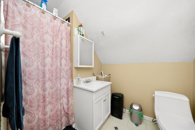 full bathroom with tile patterned flooring, baseboards, toilet, lofted ceiling, and vanity