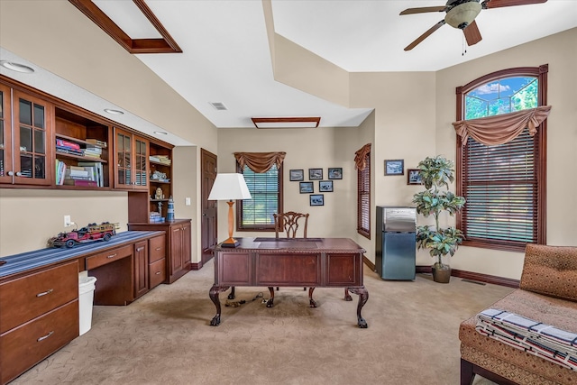 home office with light colored carpet and ceiling fan