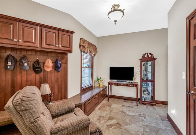 living room featuring vaulted ceiling