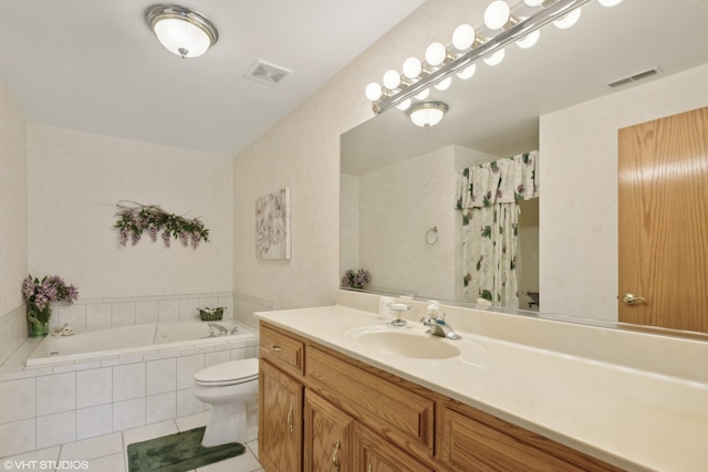 full bathroom with independent shower and bath, tile patterned flooring, vanity, and toilet