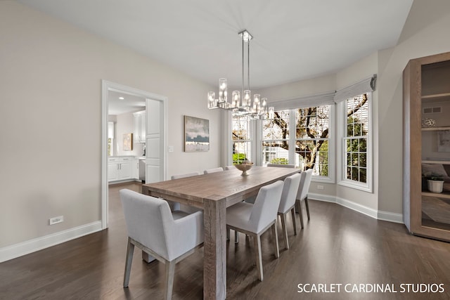 dining room with dark hardwood / wood-style flooring and a notable chandelier