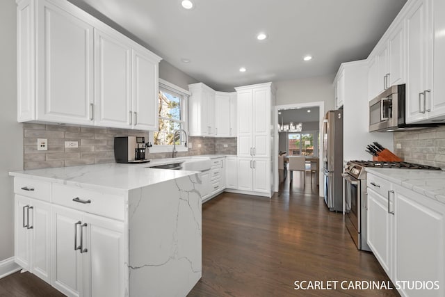 kitchen with stainless steel appliances, white cabinetry, dark hardwood / wood-style flooring, and light stone counters