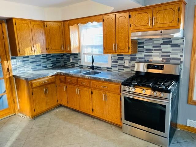 kitchen featuring stainless steel gas stove, tasteful backsplash, and sink