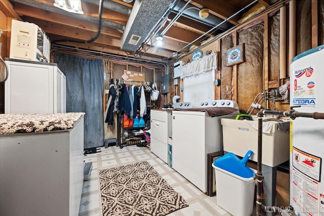 basement with washer and clothes dryer, sink, and water heater