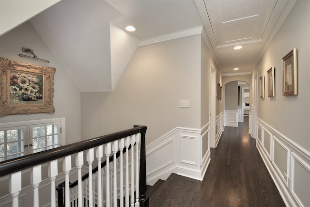 corridor with crown molding and dark hardwood / wood-style flooring