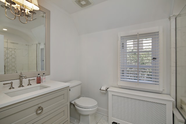 bathroom featuring vanity, radiator heating unit, a chandelier, walk in shower, and toilet