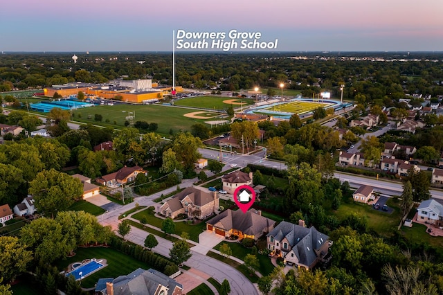 view of aerial view at dusk