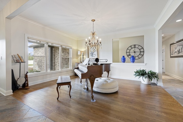 misc room featuring crown molding, dark wood-type flooring, and a chandelier