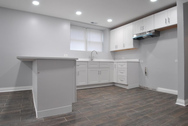2701 W Congress Pkwy, Chicago, IL 60612 - kitchen featuring under cabinet range hood, dark wood finished floors, white cabinets, recessed lighting, and light countertops