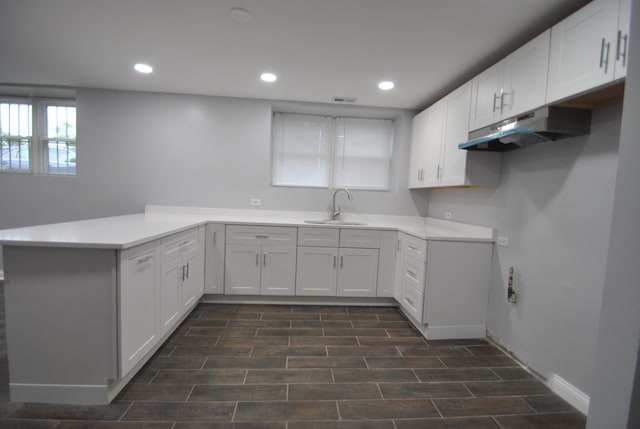 kitchen featuring white cabinets, dark hardwood / wood-style flooring, kitchen peninsula, and sink