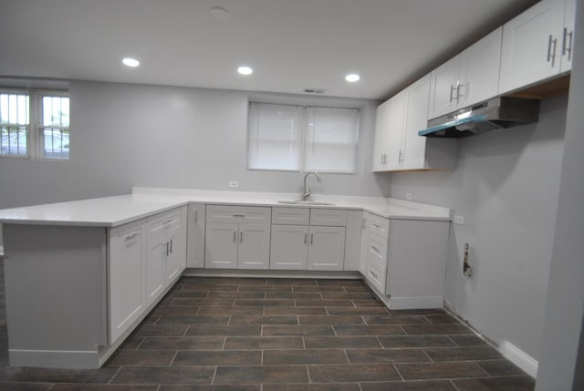 2701 W Congress Pkwy, Chicago, IL 60612 - kitchen featuring under cabinet range hood, a peninsula, recessed lighting, white cabinets, and light countertops