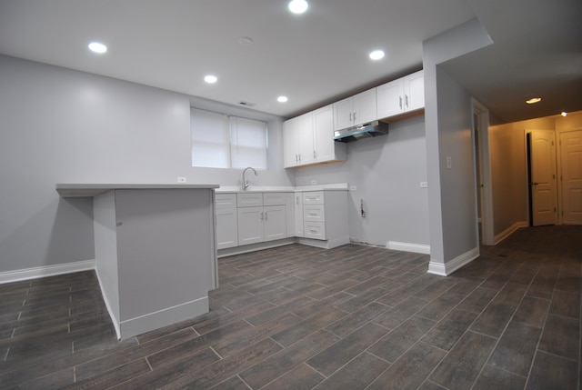 kitchen with dark wood-type flooring, kitchen peninsula, sink, and white cabinetry