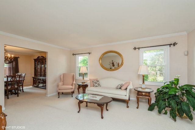 carpeted living room featuring a wealth of natural light, crown molding, and a chandelier