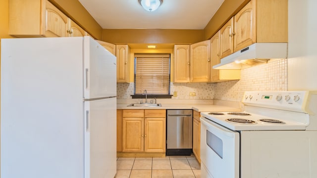 kitchen featuring light brown cabinetry, sink, white appliances, and light tile patterned flooring