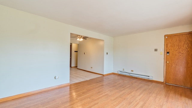 unfurnished room with light wood-type flooring, baseboard heating, and ceiling fan